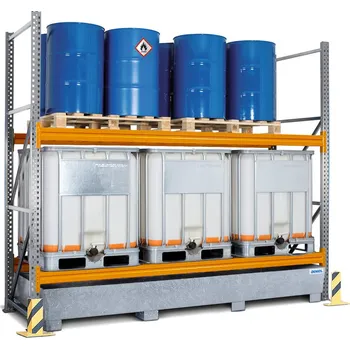 Dílenský regál Paletový regál na nebezpečné látky, nástavné pole, 2 úrovně, záchytná vana pozink, 3400x1300x2700 mm