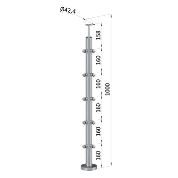 Zábradlí Nerezový sloup, vrchní kotvení, 5 řadový rohový: 90°, vrch pevný (ø 42,4x2 mm), leštěná nerez K600 / AISI304