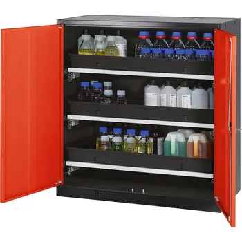 Skříň na chemikálie Systema CS-103, korpus antracitový, dvoukřídlé dveře červené, 3 výsuvné vany