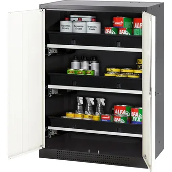 Skříň na chemikálie Systema CS-83, korpus antracitový, dvoukřídlé dveře bílé, 3 výsuvné vany