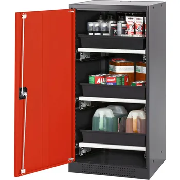 Skříň na chemikálie Systema CS-53L, dveřní závěs vlevo, dveře červené, 3 výsuvné vany