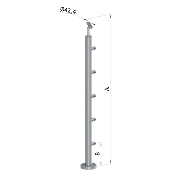 Zábradlí Nerezový sloup, vrchní kotvení, 5 řadový průchodný, vrch nastavitelný (ø 42,4x2 mm), broušená nerez K320 / AISI316