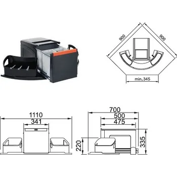 Odpadkový koš Kos odpadkový CUBE rohový 8+8+18L + 2 postranní koše