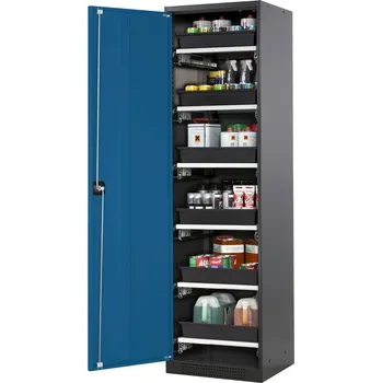 Skříň na chemikálie Systema CS-56L, korpus antracitové barvy, křídlové dveře modré, 6 výsuv. van