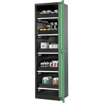 Skříň na chemikálie Systema CS-55RG, dveřní závěs vpravo, prosklené dveře zelené, 5 výsuvných van