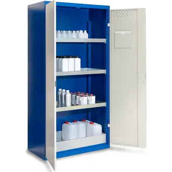 Skříň na chemikálie Protect CS 104, s křídlovými dveřmi, vč. podlahové vany a 3 záchytných van