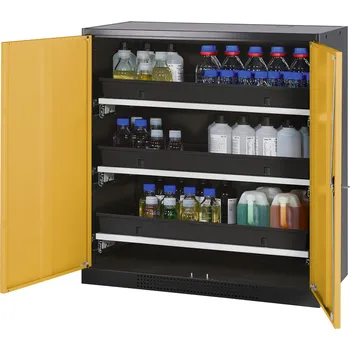 Skříň na chemikálie Systema CS-103, korpus antracitové barvy, křídlové dveře žluté, 3 výsuvné vany