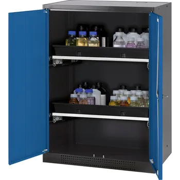 Skříň na chemikálie Systema CS-82, korpus antracitové barvy, křídlové dveře modré, 2 výsuv. vany