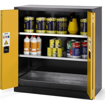 Skříň na chemikálie typ Systema CS-102F, skládací dveře žluté, 2 vložné police a podlahová vana