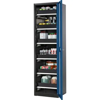 Skříň na chemikálie Systema-T CS-56RG, korpus antracitový, křídlové dveře modré, 6 výsuvných van