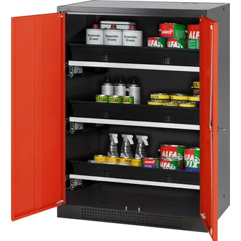 Skříň na chemikálie Systema CS-83, korpus antracitový, dvoukřídlé dveře červené, 3 výsuvné vany