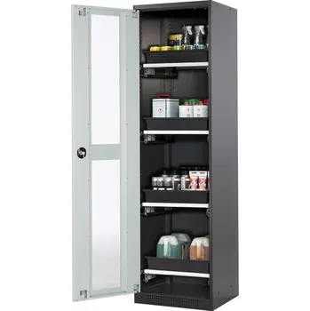 Skříň na chemikálie Systema CS-54LG, dveřní závěs vlevo, prosklené dveře šedé, 4 výsuvné vany