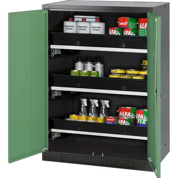 Skříň na chemikálie Systema CS-83, korpus antracitový, dvoukřídlé dveře zelené, 3 výsuvné vany