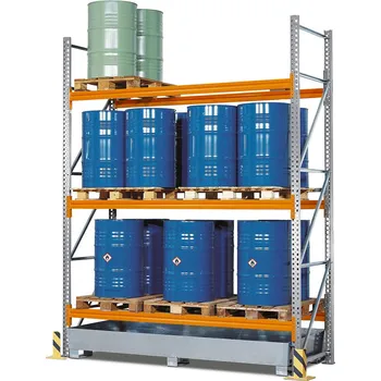 Dílenský regál Paletový regál na nebezpečné látky, základní pole, 3 úrovně, záchytná vana pozink, 2900x1300x3800 mm
