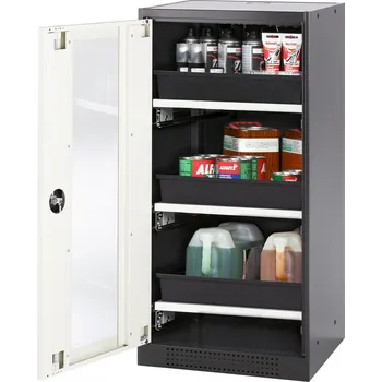 Skříň na chemikálie Systema CS-53LG, dveřní závěs vlevo, prosklené dveře bílé, 3 výsuvné vany