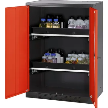 Skříň na chemikálie Systema CS-82, korpus antracitové barvy, křídlové dveře červené, 2 výsuvné vany