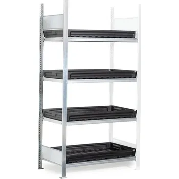 Dílenský regál Regál na malé nádoby, nástavné pole, 4 plastové záchytné vany, 1012 x 437 x 2000 mm