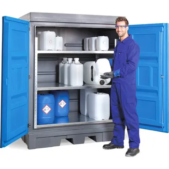 Dílenský regál Depot na nebezpečné látky z PE, s ocelovým regálem na malé nádoby a s dveřmi, 1560 x 1080 x 1980 mm