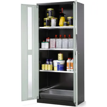 Skříň na chemikálie Systema CS-83G, korpus antracit.,křídl. dveře šedé, 3 vlož. police a podl. vana