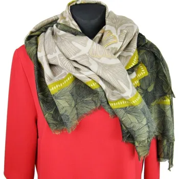 Šála Béžovo - zlato - zelená dámská šála s listy (Vzdušný dámský šál)