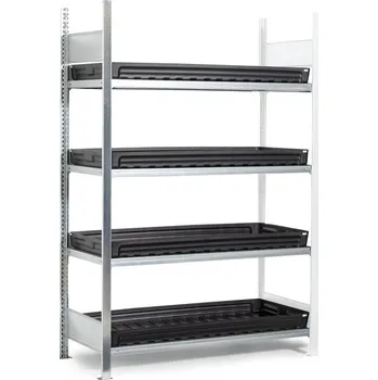 Dílenský regál Regál na malé nádoby, nástavné pole, 4 plastové záchytné vany, 1312 x 637 x 2000 mm