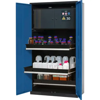 Skříň na chemikálie Systema-Plus CS-30-T s bezpečnostním boxem, 3 výsuvné vany, modrá