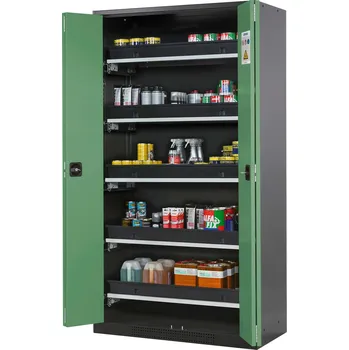 Skříň na chemikálie Systema CS-105F, skládací dvoukřídlé dveře zelené, 5 výsuvných van