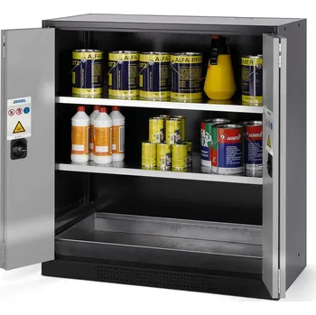 Skříň na chemikálie typ Systema CS-102F, skládací dveře stříbrné, 2 vložné police a podlahová vana