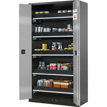 Skříň na chemikálie Systema-T CS-105F, korpus antracitový, skládací dveře stříbrné, 5 výsuvných van