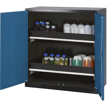 Skříň na chemikálie Systema CS-102, korpus antracitové barvy, křídlové dveře modré, 2 výsuvné vany