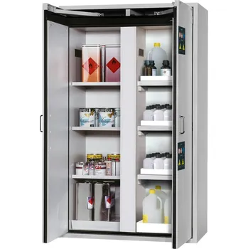 Protipožární skříň na nebezpečné látky asecos typ Edition, police a podlahová vana, šedá, š 1196 mm