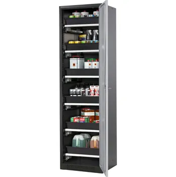 Skříň na chemikálie Systema-T CS-56R, korpus antracitový, křídlové dveře stříbrné, 6 výsuvných van