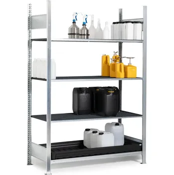 Dílenský regál Regál na malé nádoby, základní pole, 3 PE mřížové rošty, PE záchytná vana, 1360 x 637 x 2000 mm