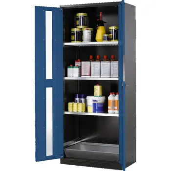 Skříň na chemikálie Systema CS-83G, korpus antracit.,křídl. dveře modré, 3 vlož. police a podl. vana