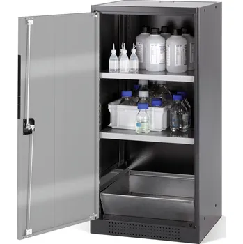 Skříň na chemikálie Systema CS-52L, křídlové levé dveře, stříbrné, 2 police a podlahová vana