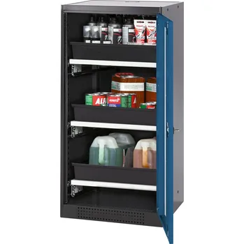 Skříň na chemikálie Systema-T CS-53RG, korpus antracitový, křídlové dveře modré, 3 výsuvné vany