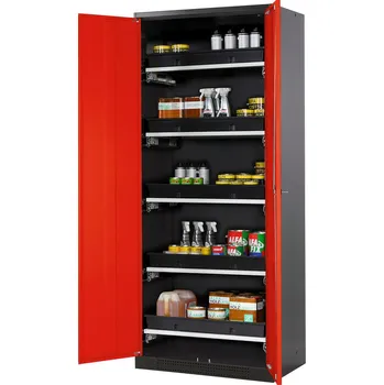 Skříň na chemikálie Systema-T CS-85, korpus antracitový, křídlové dveře červené, 5 výsuvných van