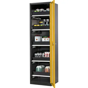 Skříň na chemikálie Systema CS-55RG, dveřní závěs vpravo, prosklené dveře žluté, 5 výsuvných van