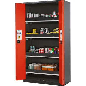 Skříň na chemikálie typ Systema CS-104F, skládací dveře červené, 4 výsuvné vany