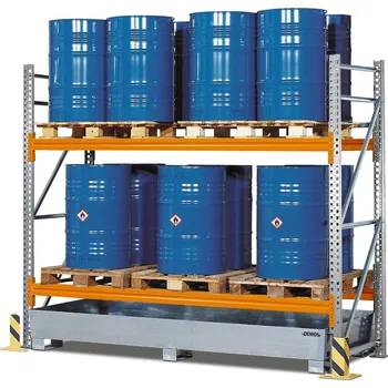 Dílenský regál Paletový regál na nebezpečné látky, základní pole, 2 úrovně, záchytná vana pozink, 2900x1300x2700 mm