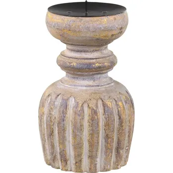 Svícen Zlato-přírodní antik dřevěný svícen na sloupovitou svíčku - Ø 9*15 cm