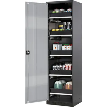 Skříň na chemikálie Systema-T CS-55L, korpus antracitový, křídlové dveře stříbrné, 5 výsuvných van