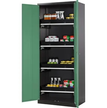 Skříň na chemikálie Systema CS-84, korpus antracitové barvy, křídlové dveře zelené, 4 výsuv. vany
