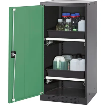 Skříň na chemikálie Systema CS-52L, dveřní závěs vlevo, křídlové dveře zelené, 2 výsuvné vany