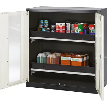 Skříň na chemikálie Systema CS-102G, korpus antracitové barvy, křídlové dveře bílé, 2 výsuvné vany