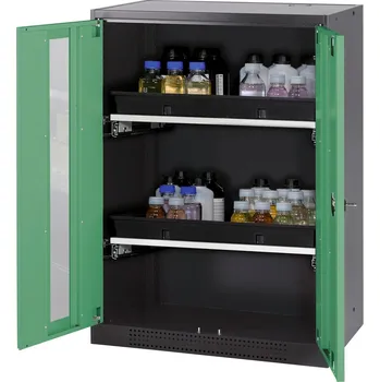 Skříň na chemikálie Systema CS-82G, korpus antracitové barvy, křídlové dveře zelené, 2 výsuv. vany