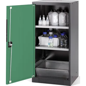 Skříň na chemikálie Systema CS-52L, korpus antracit,křídl. dveře zelené, 2 vlož. police a podl. vana