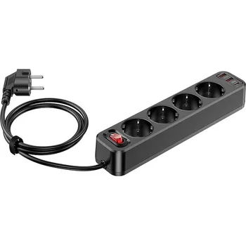 Prodlužovačka HOCO NS1 - 4x zásuvka + 2x USB-A + USB-C 20W - 1,8 m - černá