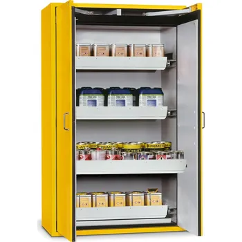 Protipožární skříň na nebezpečné látky asecos Edition-GA 900-4, 4 výsuvné vany, žlutá, šířka 896 mm
