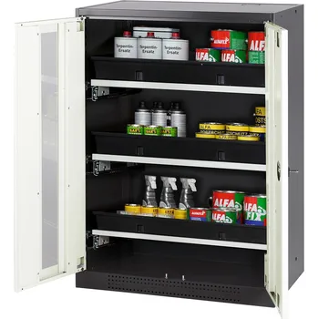 Skříň na chemikálie Systema CS-83G, prosklené dvoukřídlé dveře bílé, 3 výsuvné vany